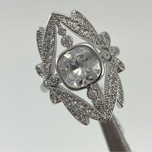 Beautiful Art Deco Large Statement White Diamond CZ Silver Plated Ring